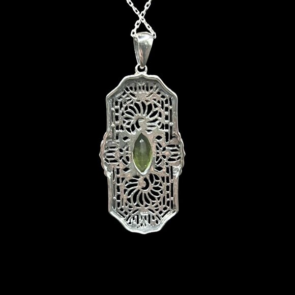 Sterling Silver Green Peridot Filigree Pendant Art Deco Revival 925 Silver Chain - Picture 7 of 7